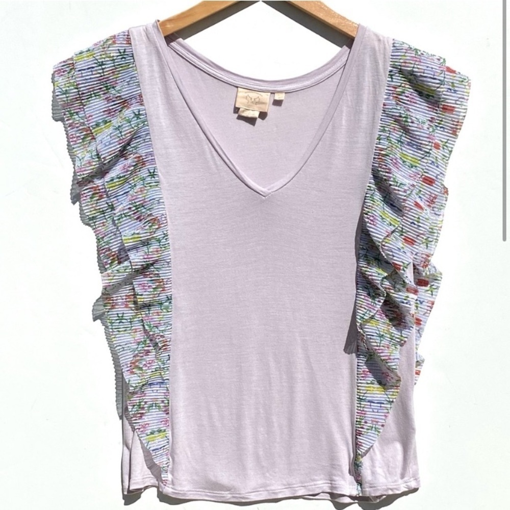 Anthropologie Vanessa Virginia Metallic Floral Flutter Trim VNeck Sleeveless Top - Picture 2 of 8